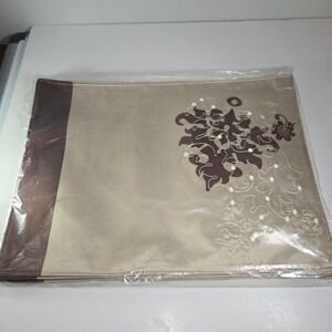 Pack of 6 Mainstays Placemat‎ Beige Embroidered Floral Design Machine Washable